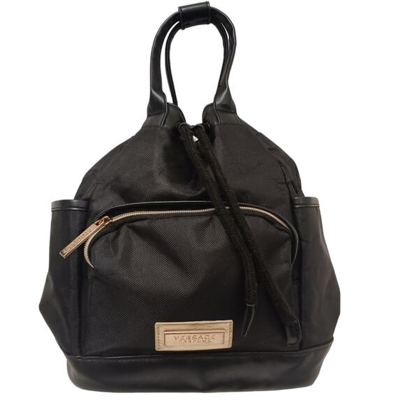 Yoga Tote Backpack VERSACE Parfum Gold LOGO BLACK Drawstring Bucket Zucca - Picture 7 of 16